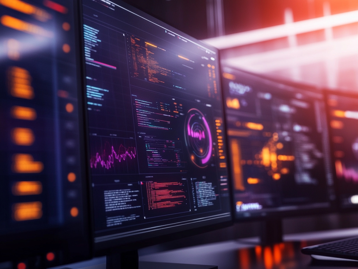 AI marketing dashboard with graphs, analytics and KPIs on futuristic displays