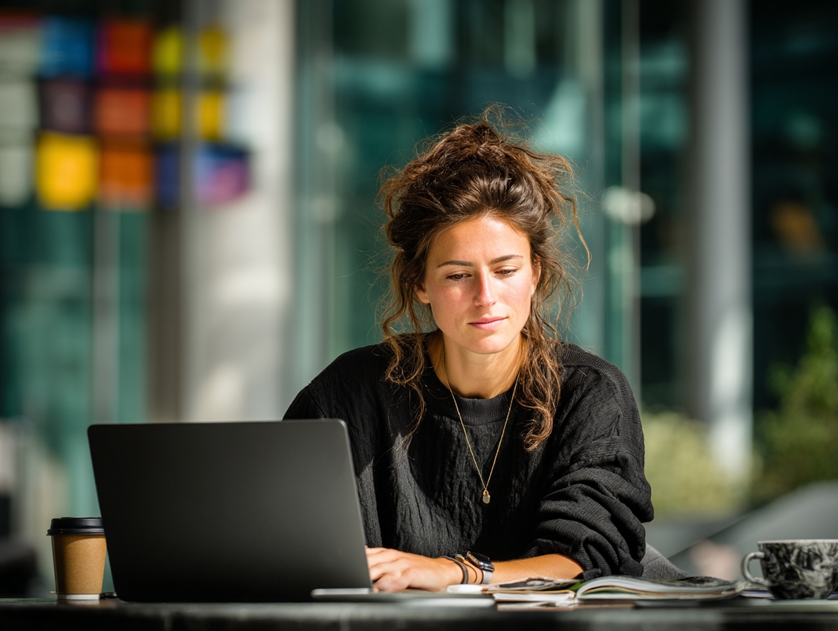 Mujer profesional comparando cursos online de inteligencia artificial.
