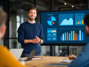 Profesional de IA presentando un dashboard con métricas automatizadas a un equipo