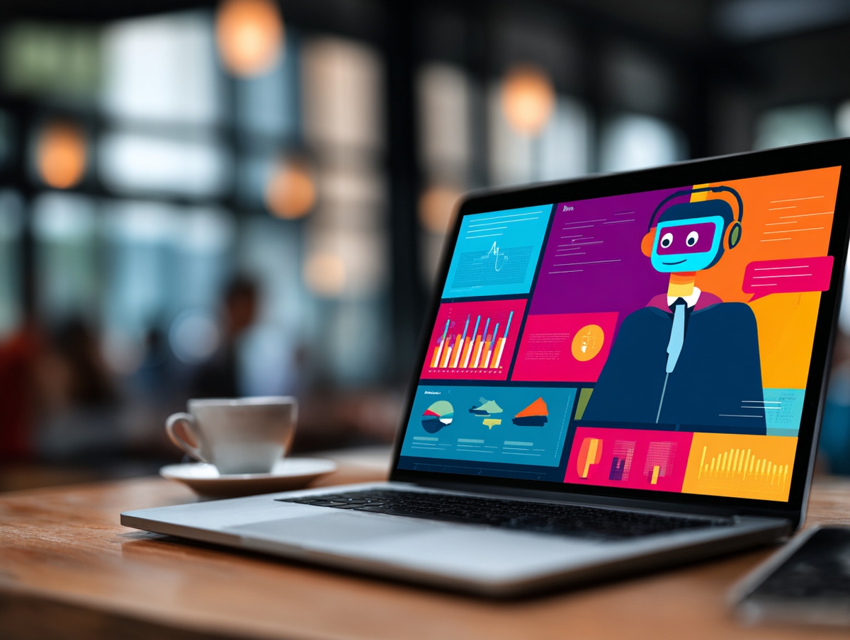 Chatbot de IA atendiendo clientes y panel de marketing digital.